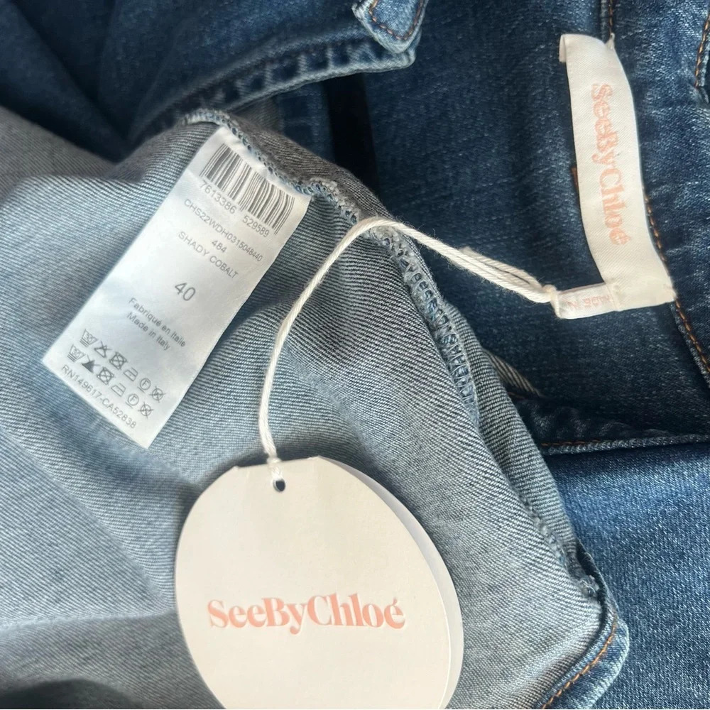 SEE BY CHLOE Tie-Neck Shirt Denim Jeans Blouse Top Preppy Puff Sleeve US 8 - Picture 16 of 16